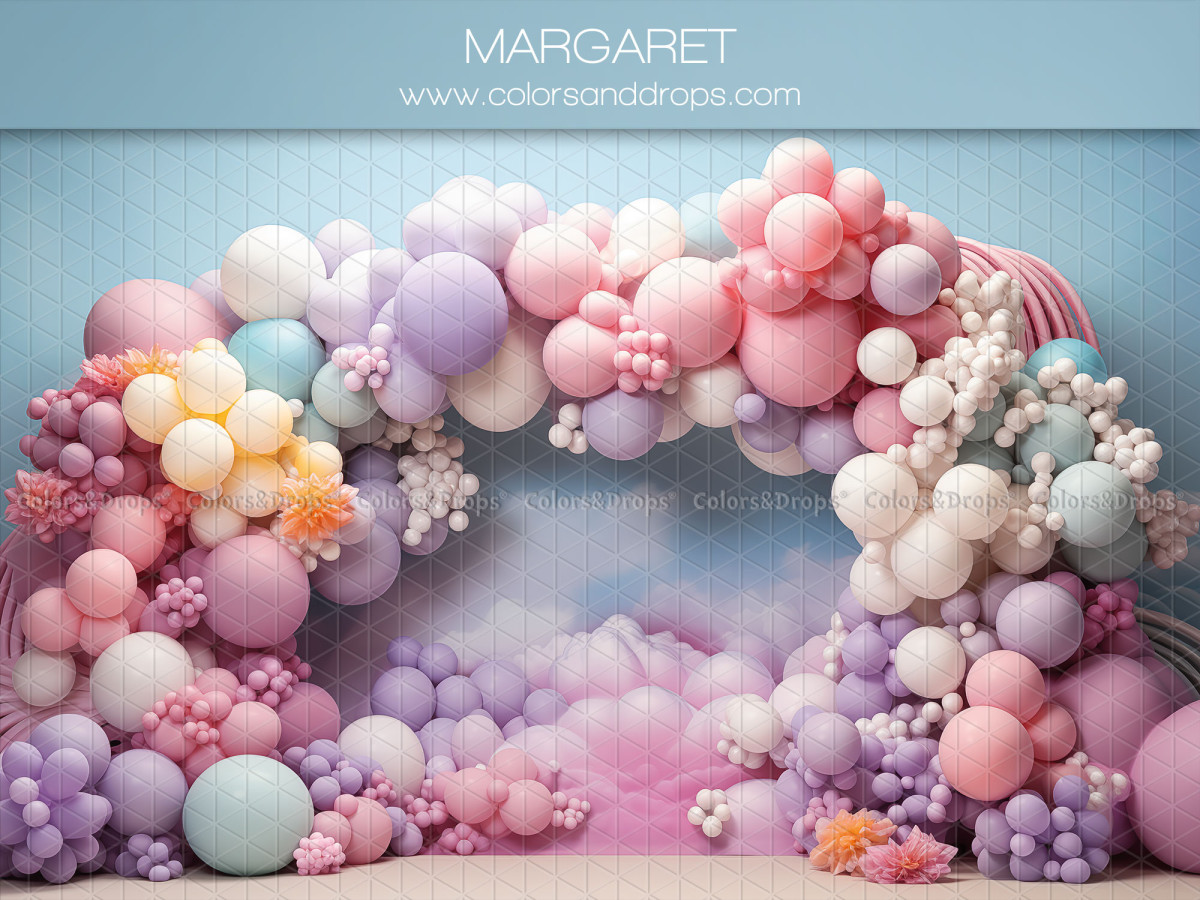 Baby & cake smash photo backdrop Margaret – pastel pink, white and purple balloon arch | Colors&Drops