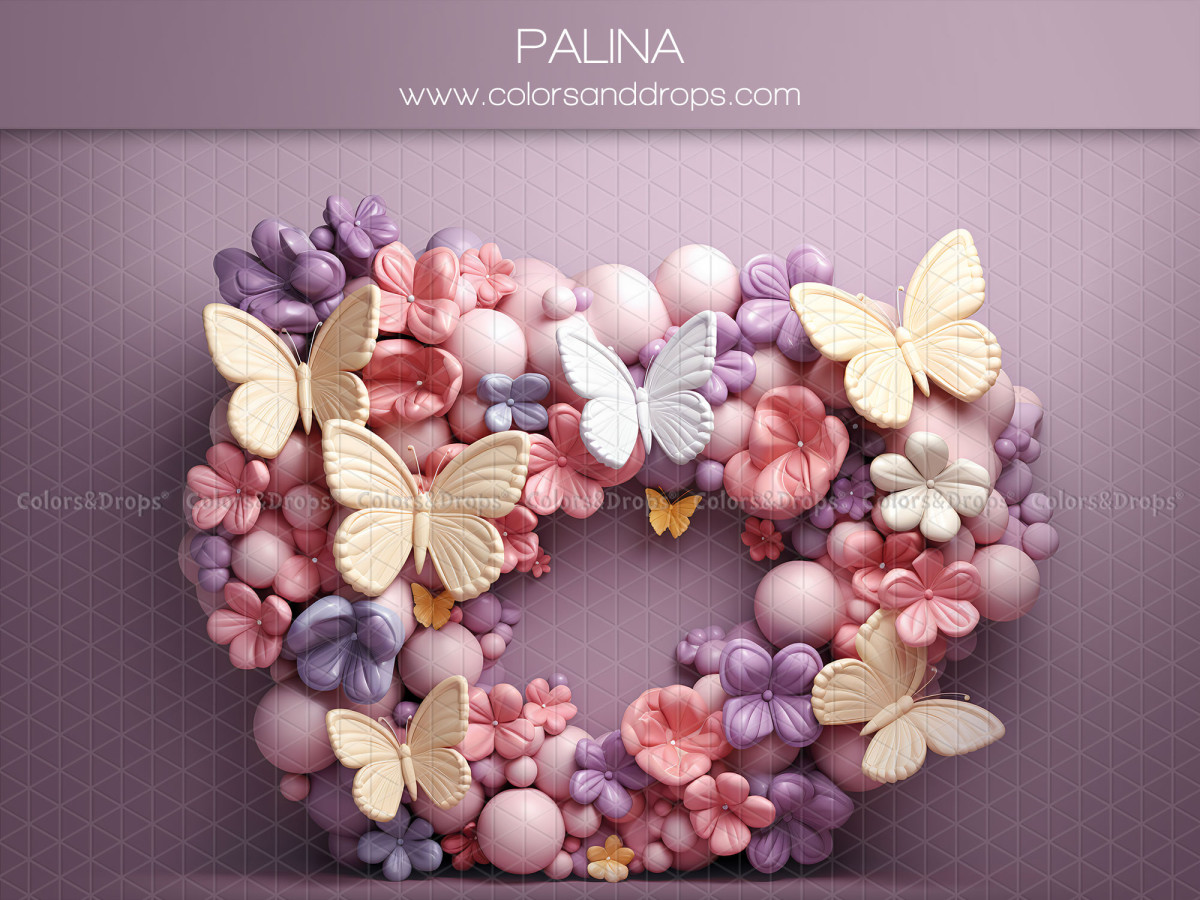 Fond photo bébé et smash cake Palina – cœur de fleurs et papillons sur fond mauve | Colors&Drops