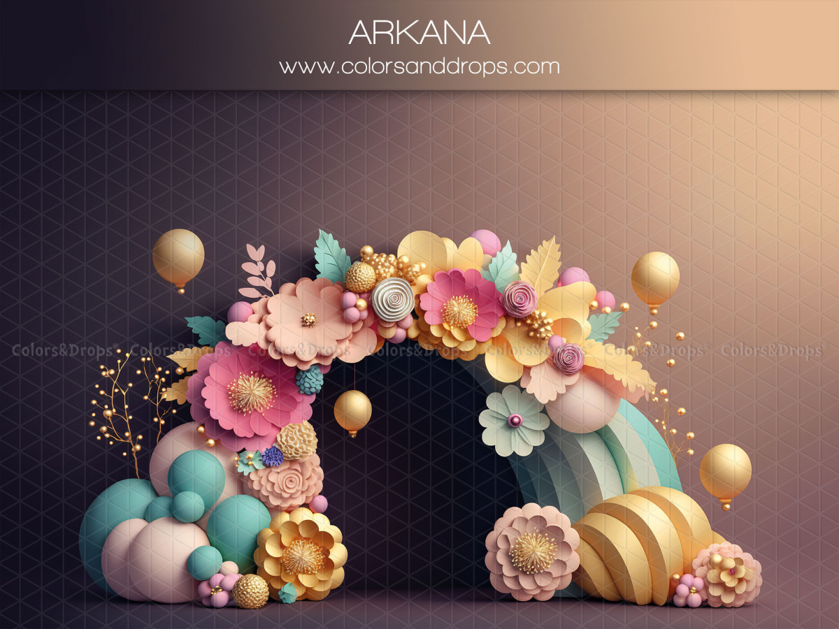 Fondo fotográfico de bebé y smash cake Arkana – arco de flores y globos de colores sobre fondo ciruela | Colors&Drops