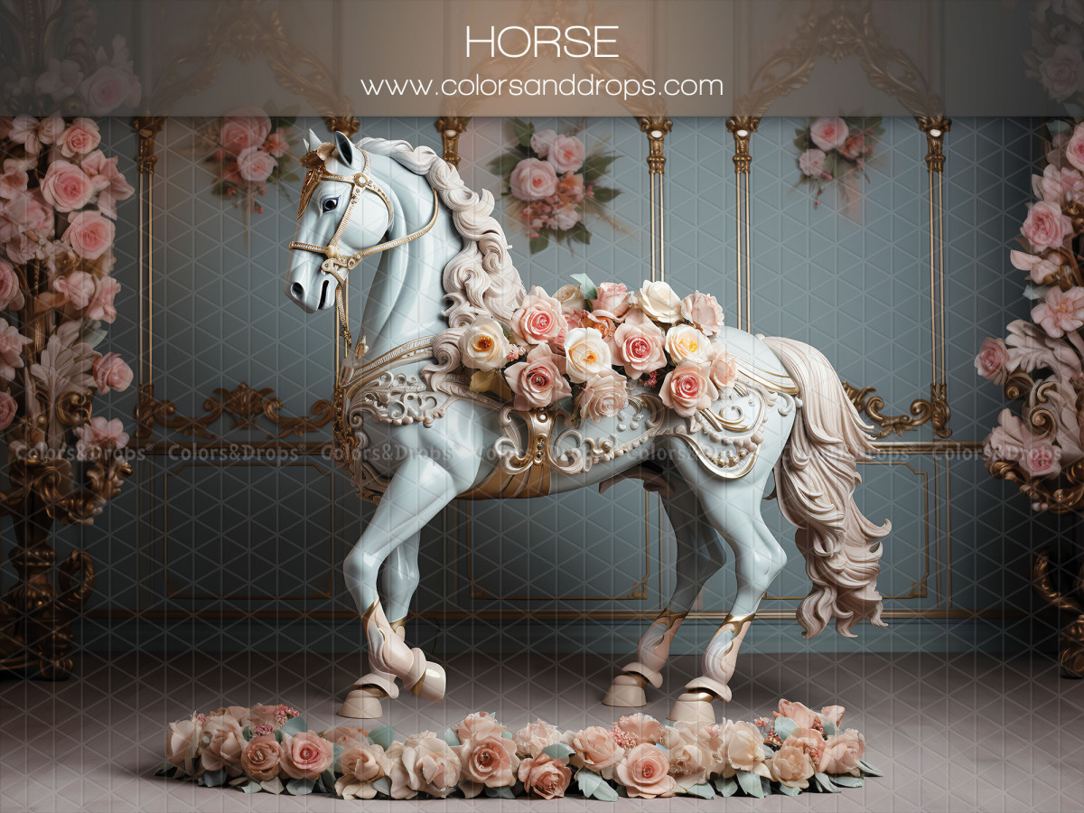 Fondo fotográfico de embarazo y retrato Horse – caballo de carrusel blanco adornado con rosas | Colors&Drops