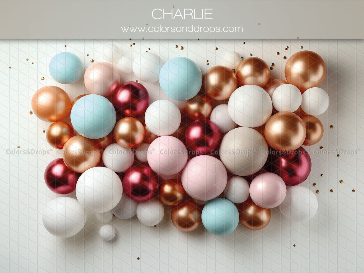 Fond photo bébé et smash cake Charlie – ballons colorés blancs, bordeaux et bleus avec confettis | Colors&Drops