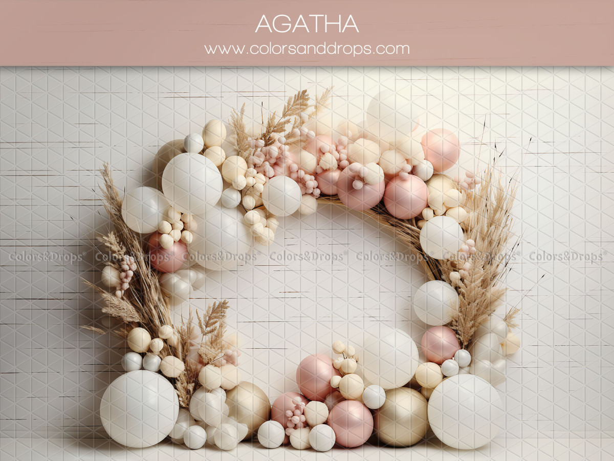 Baby & cake smash photo backdrop Agatha – pastel balloon and pampas grass wreath | Colors&Drops