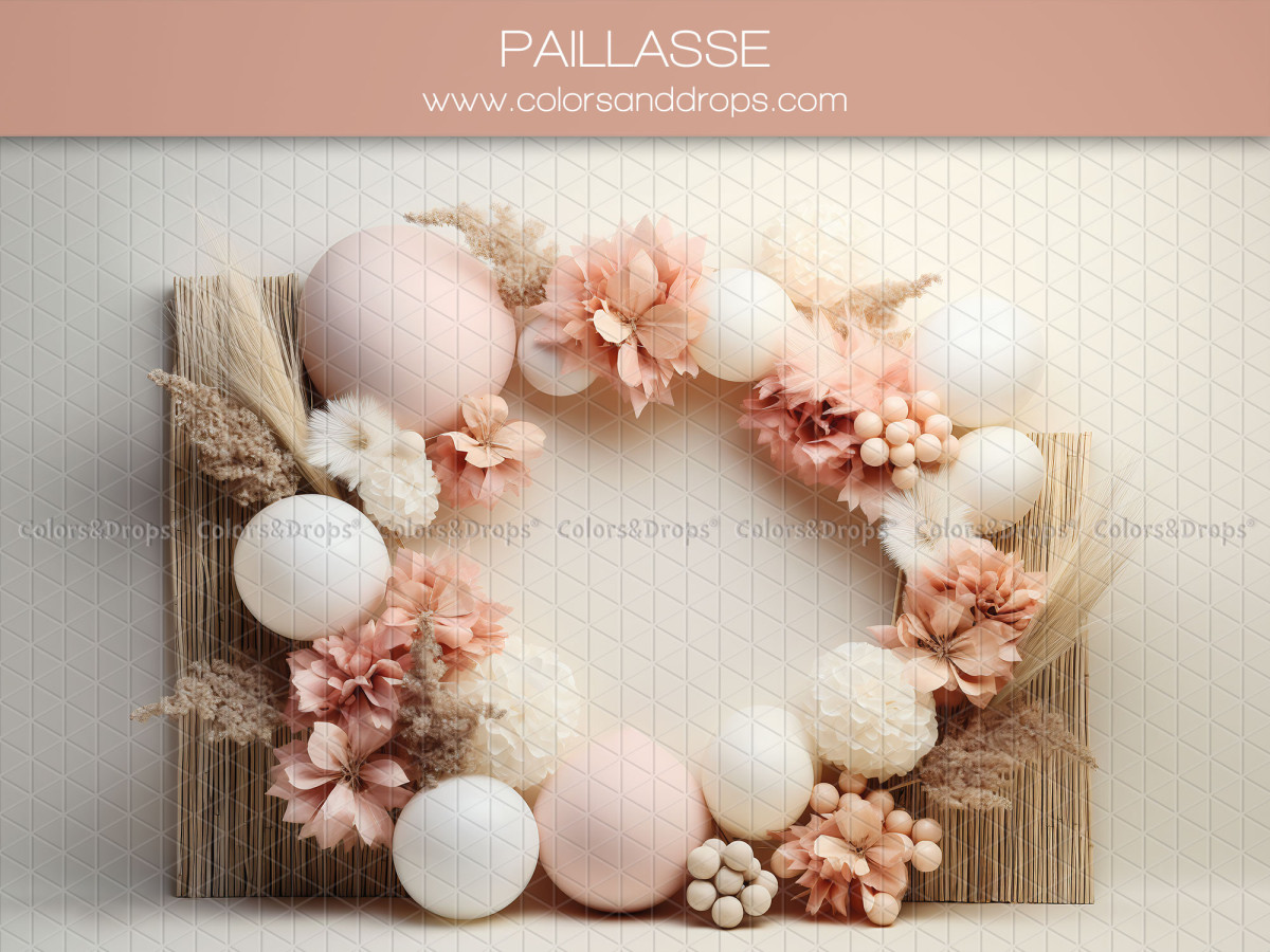 Baby & cake smash photo backdrop Paillasse – balloon and pink flower wreath on straw | Colors&Drops