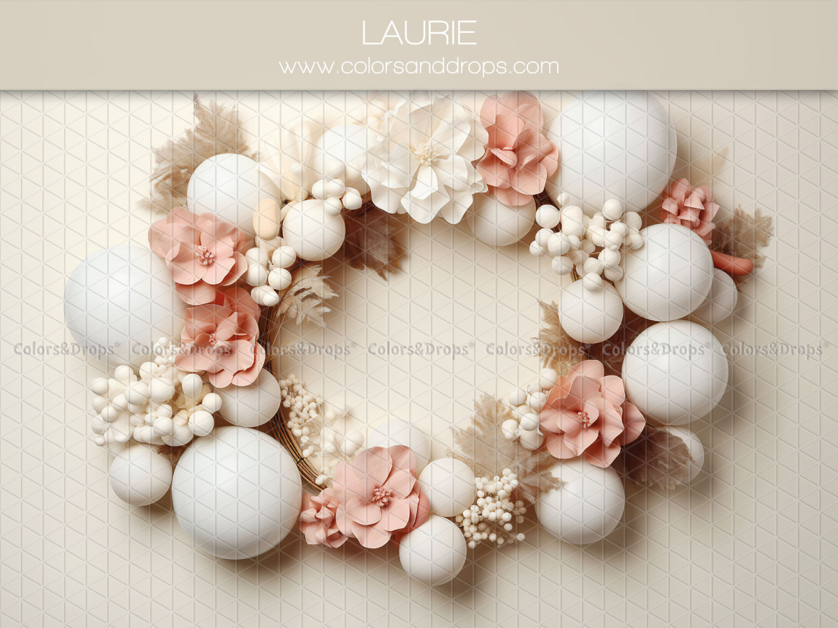 Fondo fotográfico de bebé y smash cake Laurie – corona de globos blancos y flores rosas | Colors&Drops