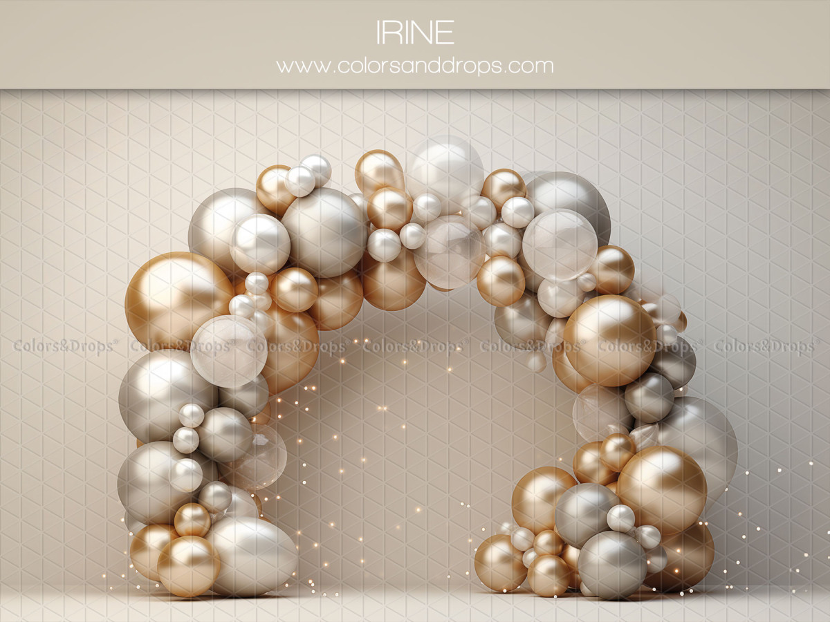 Fondo fotográfico de bebé y smash cake Irine – arco de globos plateados, dorados y blancos | Colors&Drops