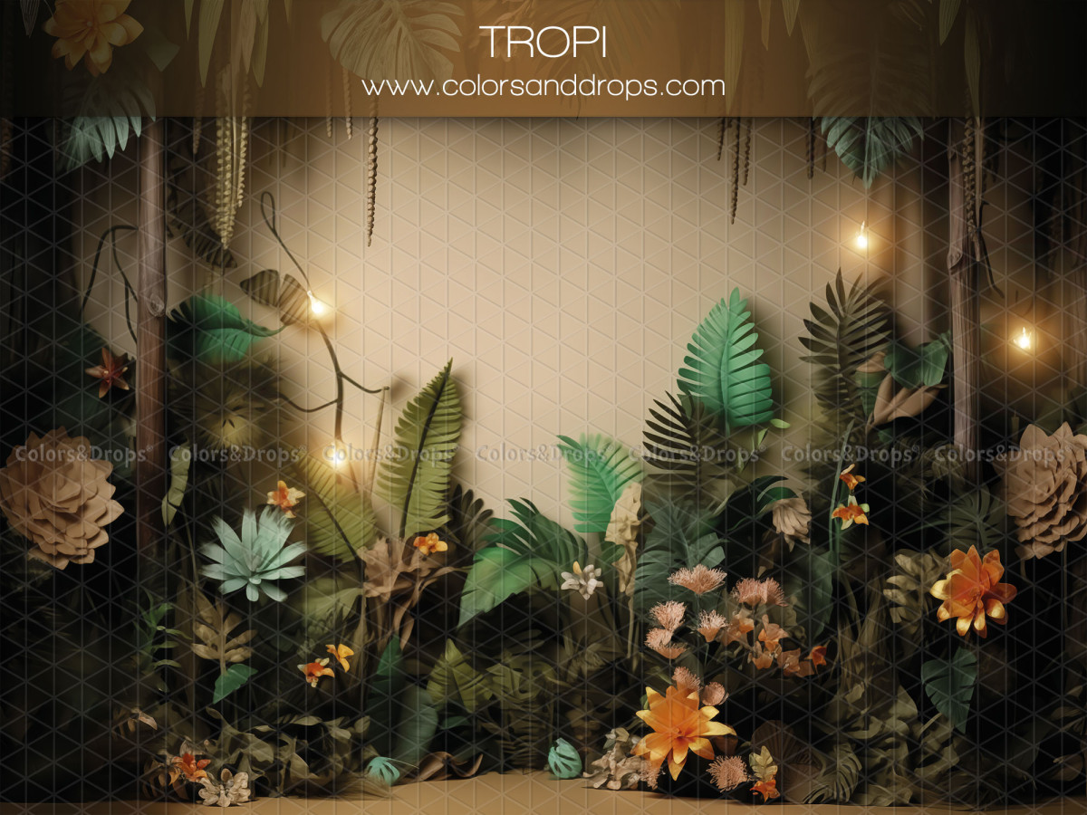 Fond photo bébé et smash cake Tropi – jungle tropicale avec feuillage et guirlande lumineuse | Colors&Drops