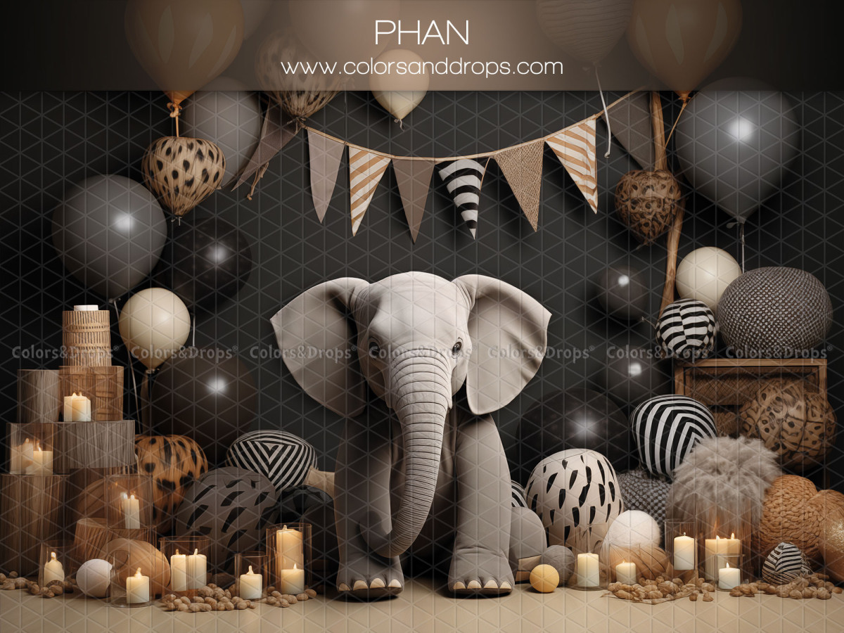 Baby & cake smash photo backdrop Phan – plush elephant with black balloons and bunting | Colors&Drops