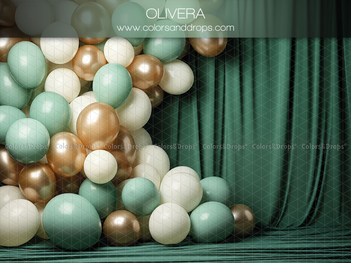 Fondo fotográfico de bebé y smash cake Olivera – globos verdes y dorados con cortina verde | Colors&Drops