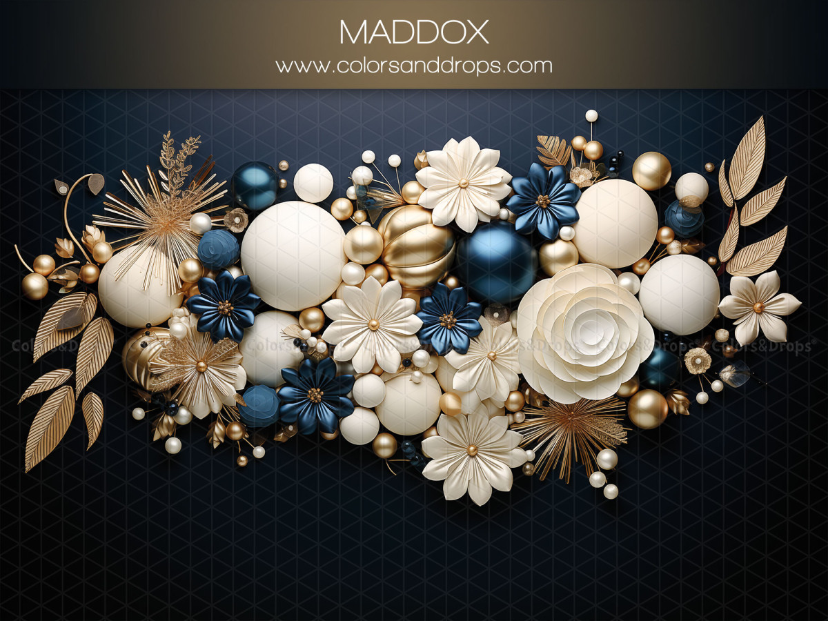Fond photo grossesse et portrait Maddox – composition de fleurs crème et ballons dorés sur bleu nuit | Colors&Drops