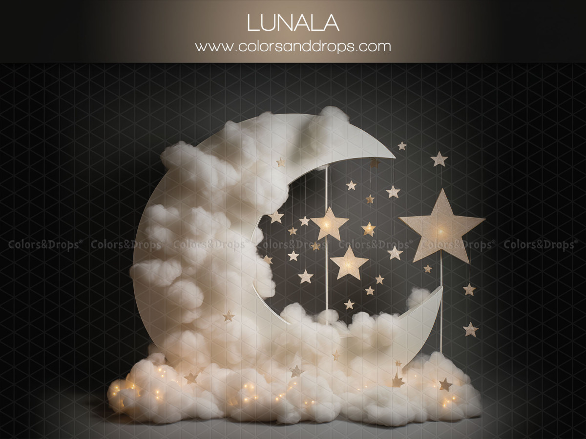 Fond photo d'hiver Lunala – lune en coton avec étoiles dorées sur fond noir | Colors&Drops