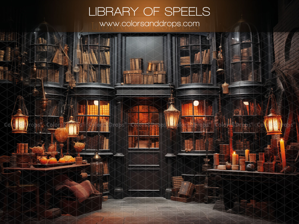 Fond photo d'hiver Library of Speels – bibliothèque de sorcier avec livres, lanternes et bougies | Colors&Drops