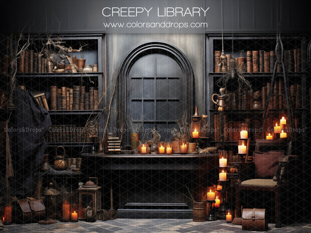 Fond photo d'hiver Creepy Library – bibliothèque sombre avec porte cintrée et bougies | Colors&Drops