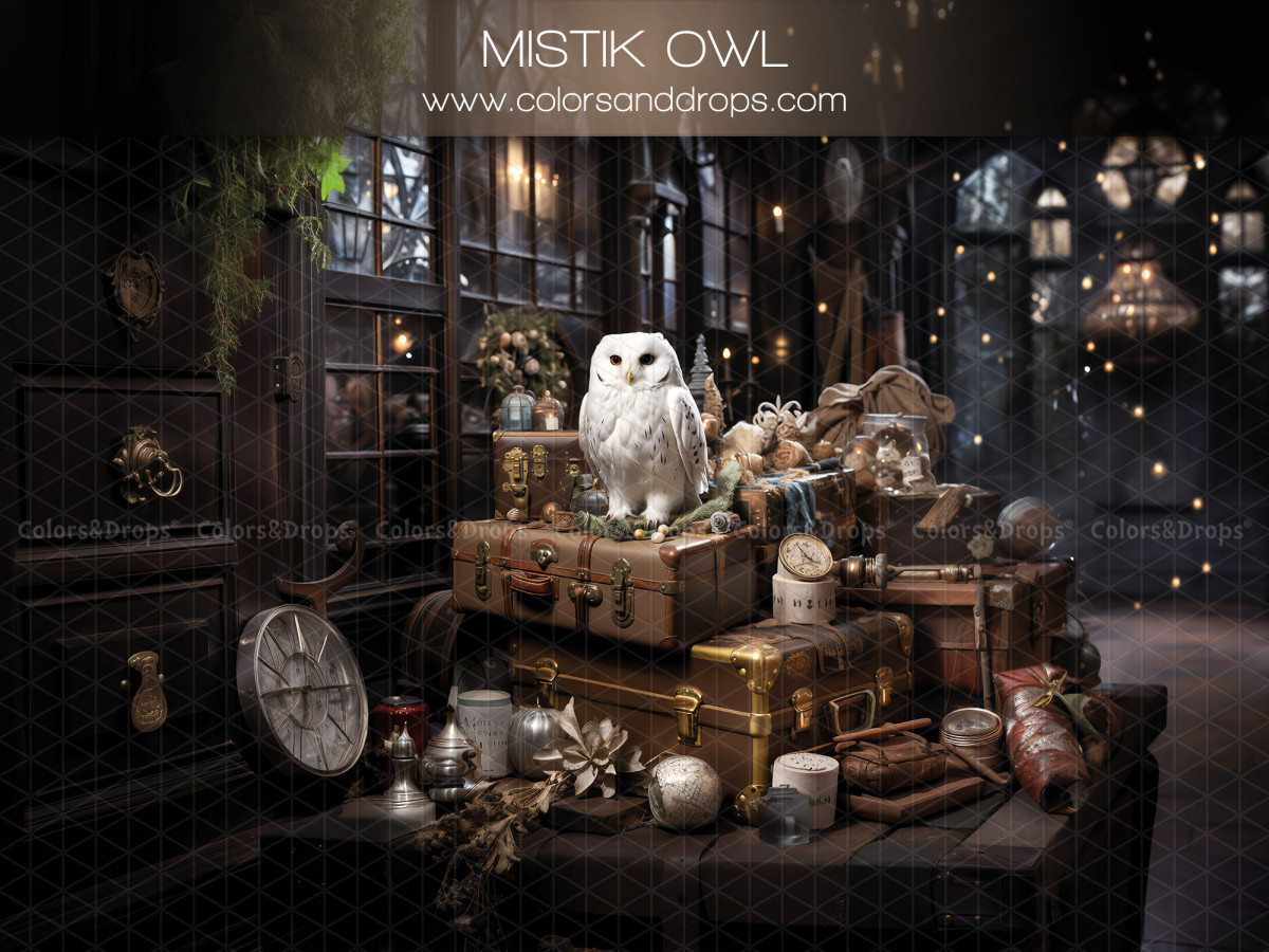 Fond photo d'hiver Mistik Owl – chouette blanche sur valises avec horloge et lanternes | Colors&Drops