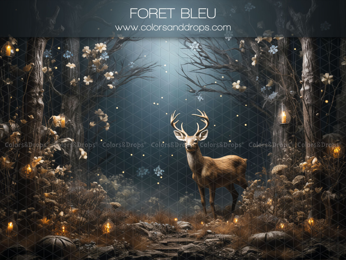Fondo fotográfico de bebé y smash cake Foret Bleu – ciervo en un bosque azul nocturno con luces | Colors&Drops