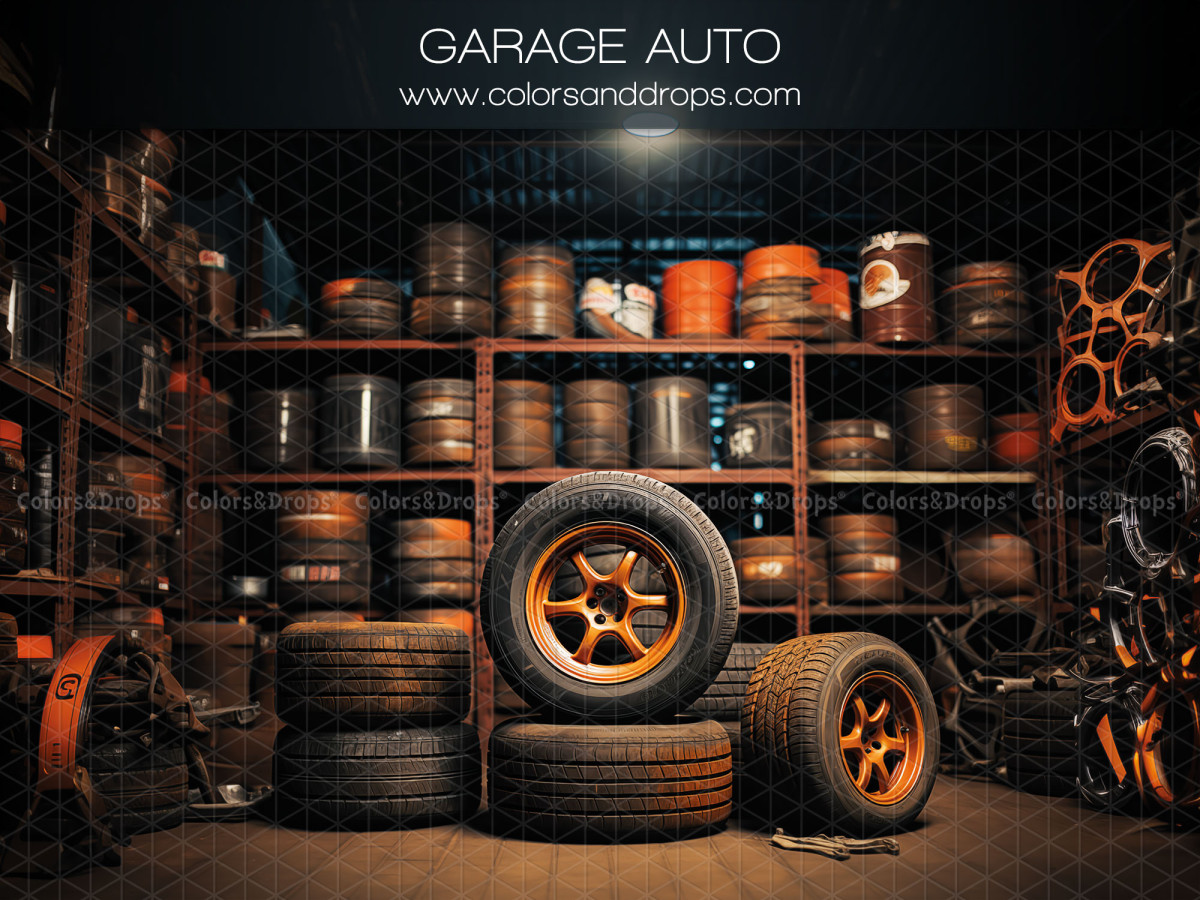 Fond photo bébé et smash cake Garage Auto – garage auto avec pneus, jantes et étagères | Colors&Drops