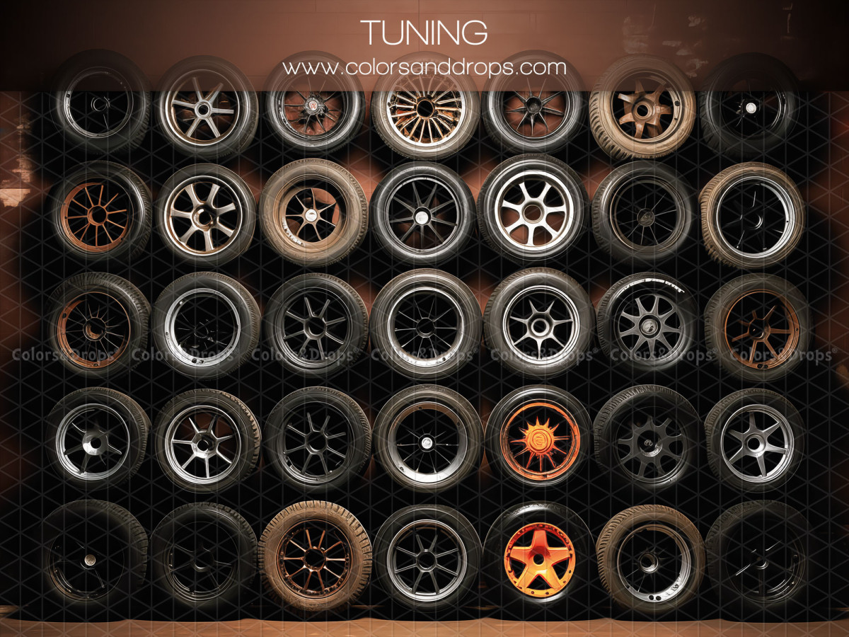 Baby & cake smash photo backdrop Tunning – wall of wheel rims and tyres | Colors&Drops