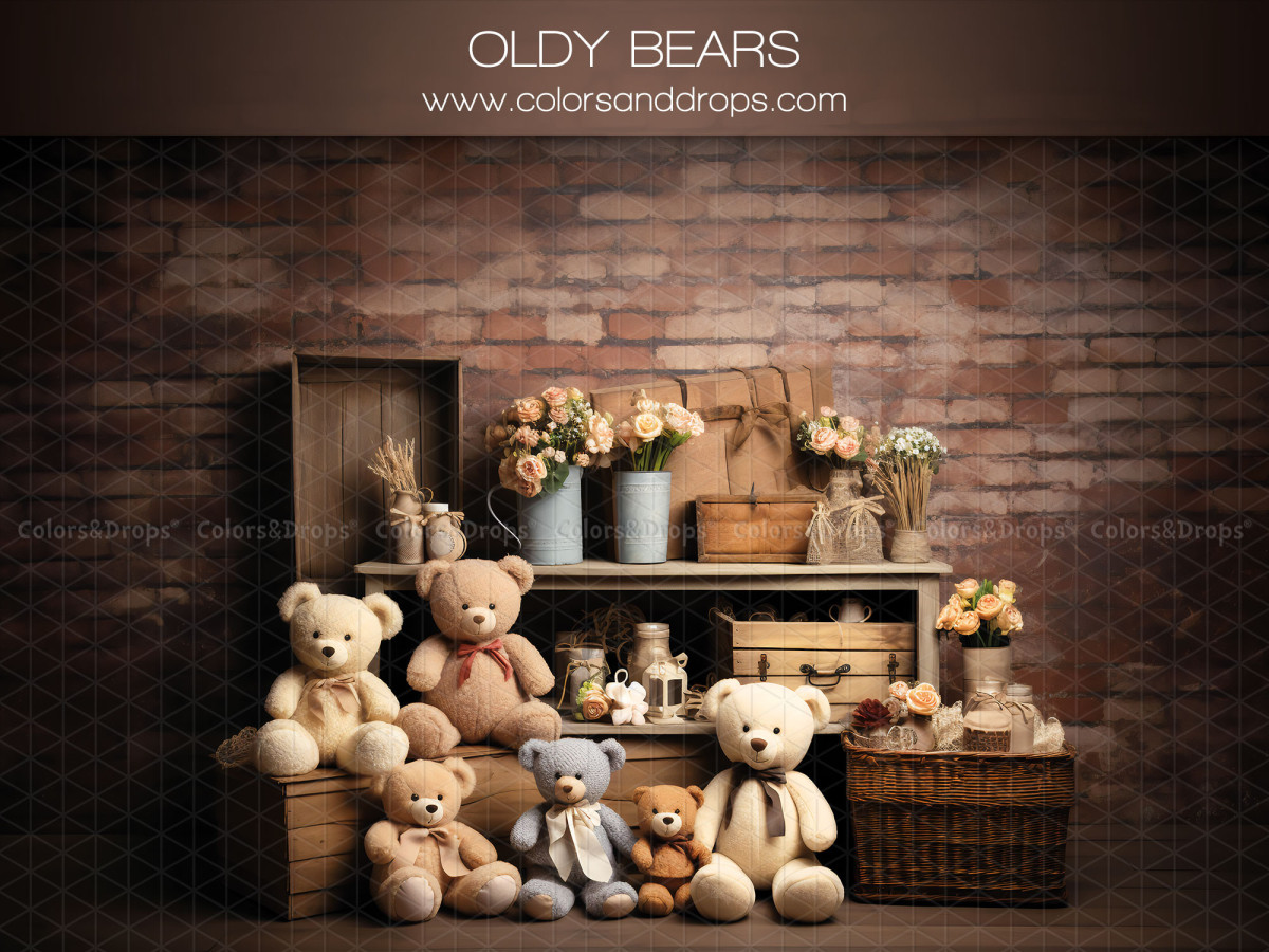 Fondo fotográfico de bebé y smash cake Oldy Bears – osos de peluche frente a pared de ladrillo con cajas | Colors&Drops