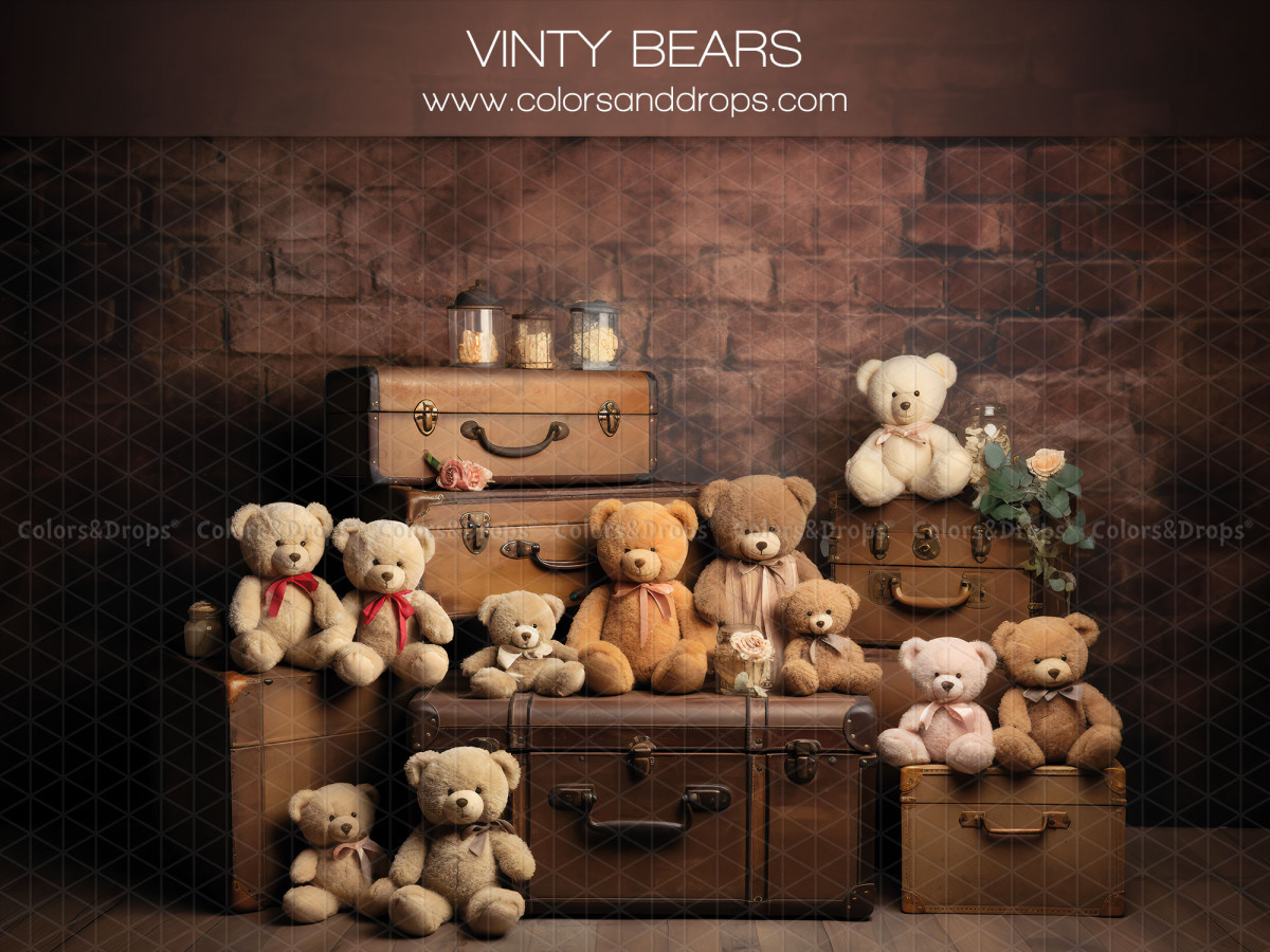 Fondo fotográfico de bebé y smash cake Vinty Bears – osos de peluche sobre maletas vintage frente a pared de | Colors&Drops