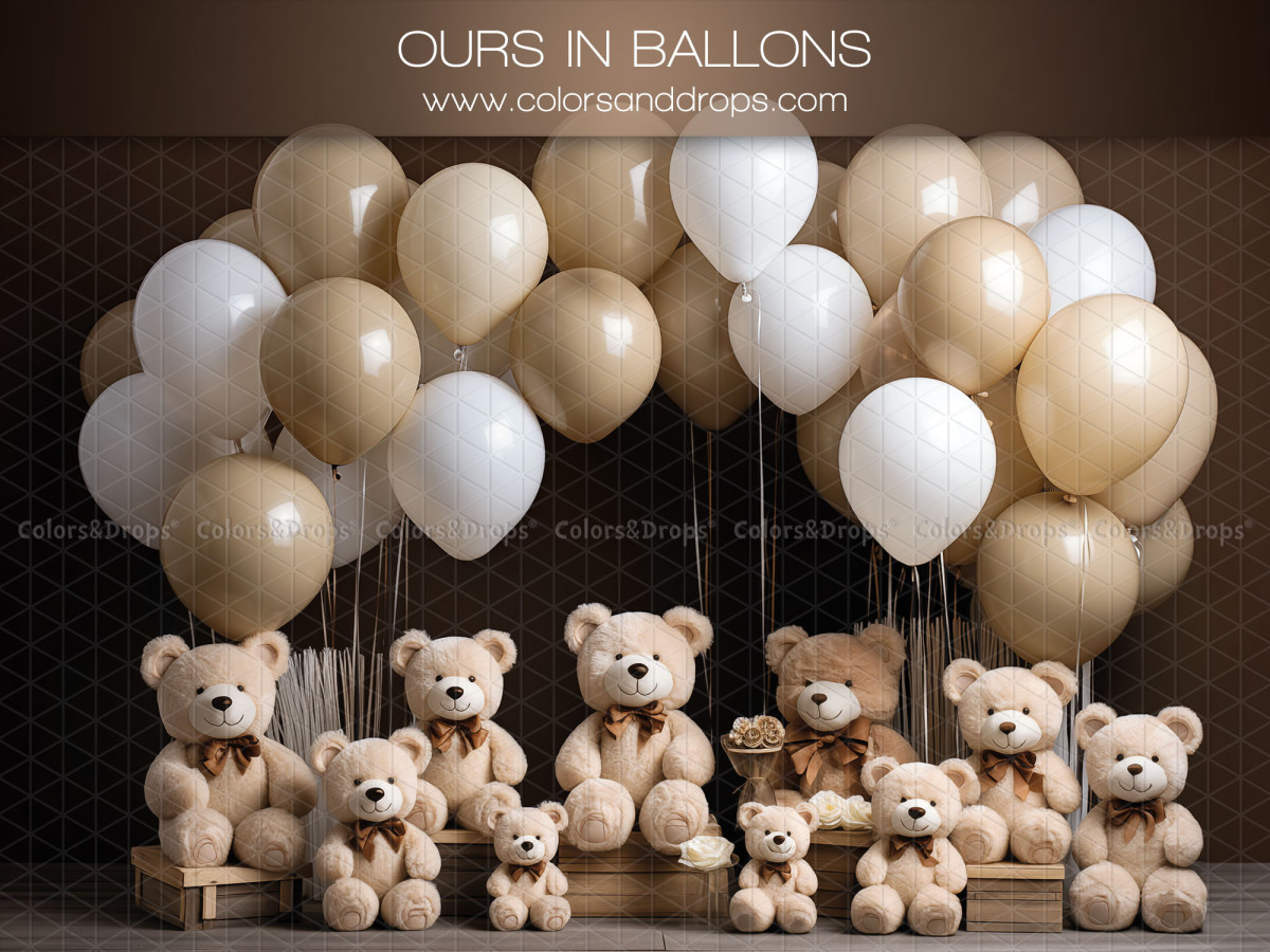 Fond photo bébé et smash cake Ours in Ballons – ours en peluche avec ballons beiges et blancs | Colors&Drops