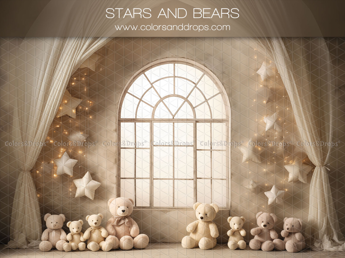Baby & cake smash photo backdrop Stars and Bears – teddy bears in front of arched window with stars | Colors&Drops