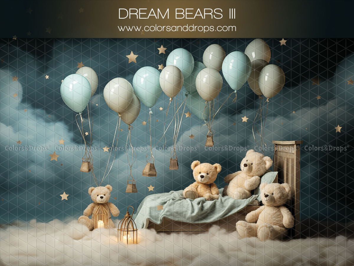 Fond photo bébé et smash cake Dream Bears III – ours en peluche sur lit de nuages avec ballons et étoiles | Colors&Drops