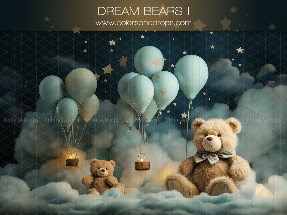 Fond photo bébé et smash cake Dream Bears I – ours en peluche dans les nuages avec ballons et lanternes | Colors&Drops