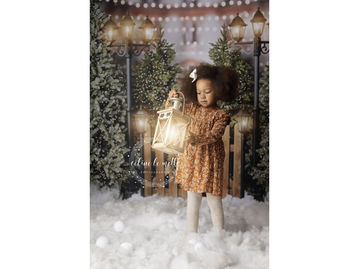 Fondo fotográfico de Navidad Lighting Village – portillo de madera con corona entre abetos y farolas | Colors&Drops