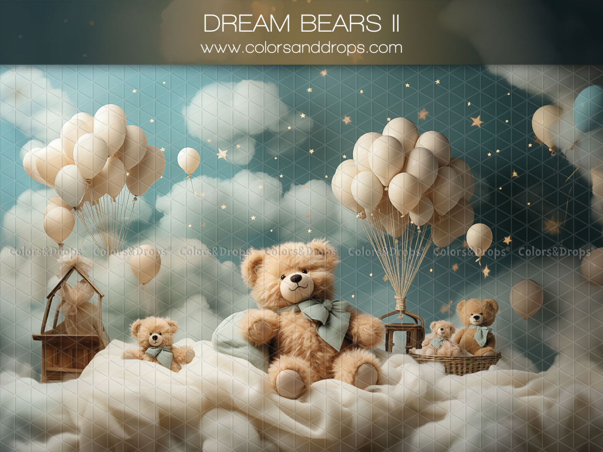 Baby & cake smash photo backdrop Dream Bears II – teddy bears on clouds with beige balloons | Colors&Drops