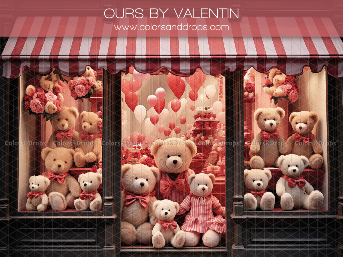 Fond photo Ours by Valentin – vitrine de boutique d'ours en peluche avec store rayé | Colors&Drops