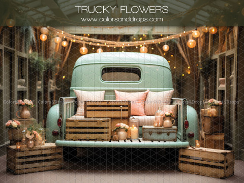 Fond photo Saint-Valentin Trucky Flowers – pick-up vert menthe avec coussins et guirlande lumineuse | Colors&Drops