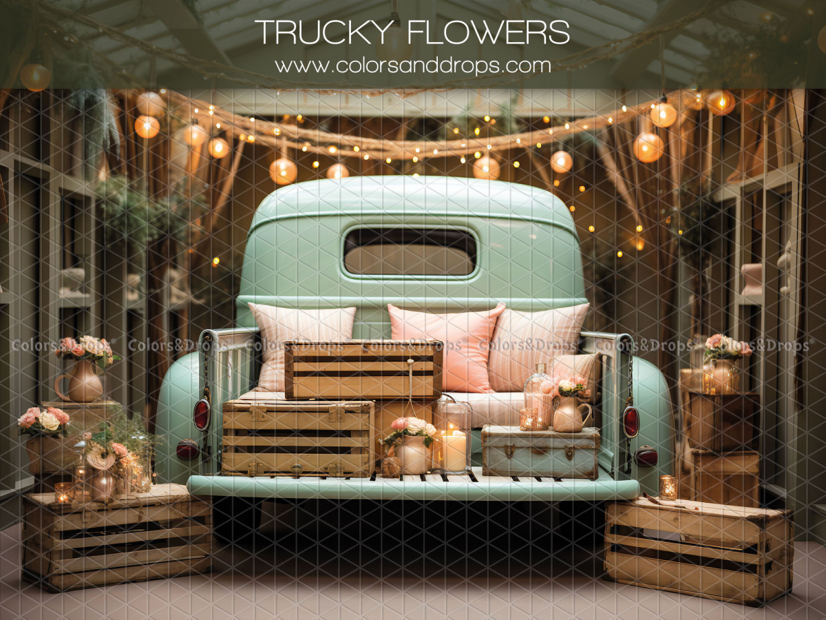 Fond photo Saint-Valentin Trucky Flowers – pick-up vert menthe avec coussins et guirlande lumineuse | Colors&Drops
