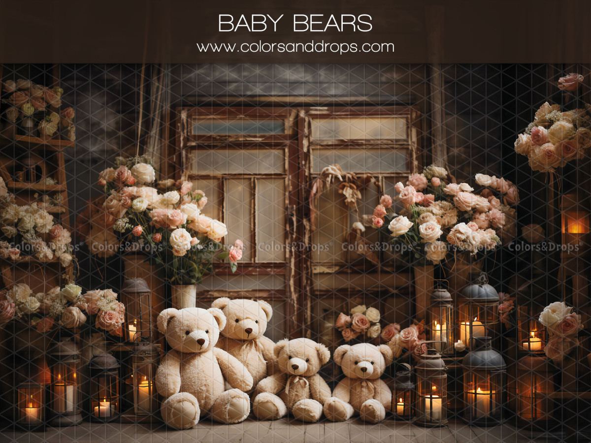 Fond photo Saint-Valentin Baby Bears – ours en peluche avec bouquets de roses et lanternes | Colors&Drops
