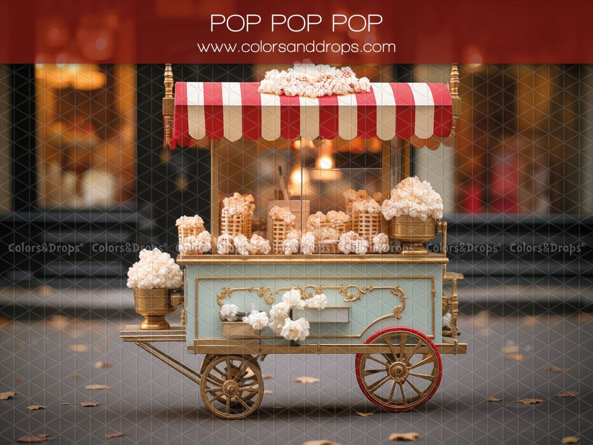 Fond photo Saint-Valentin Pop Pop Pop – chariot à pop-corn vintage avec store rayé rouge | Colors&Drops