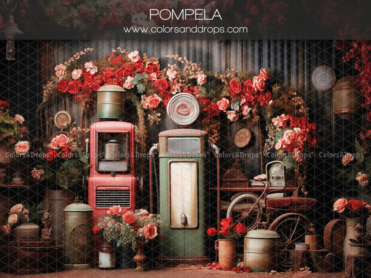 Fond photo Saint-Valentin Pompela – pompes à essence vintage fleuries de roses rouges | Colors&Drops