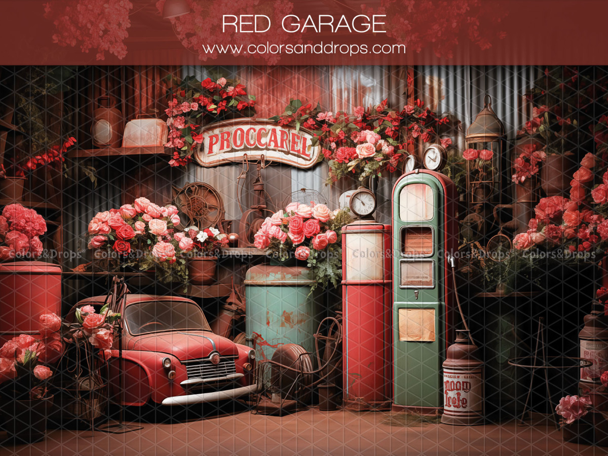 Fond photo Saint-Valentin Red Garage – garage vintage fleuri avec pompe à essence et voiture rouge | Colors&Drops
