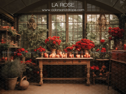 Valentine's Day photo backdrop La Rose – greenhouse with wooden console, red roses and candles | Colors&Drops