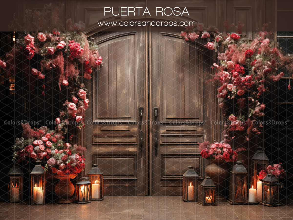 Fond photo Saint-Valentin Puerta Rosa – porte en bois avec roses rouges et lanternes | Colors&Drops
