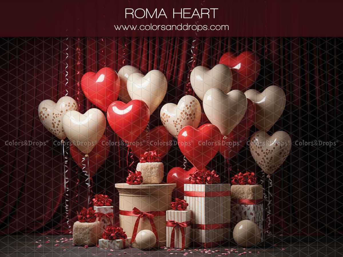Fond photo Saint-Valentin Roma Heart – ballons cœurs rouges et cadeaux devant rideau rouge | Colors&Drops