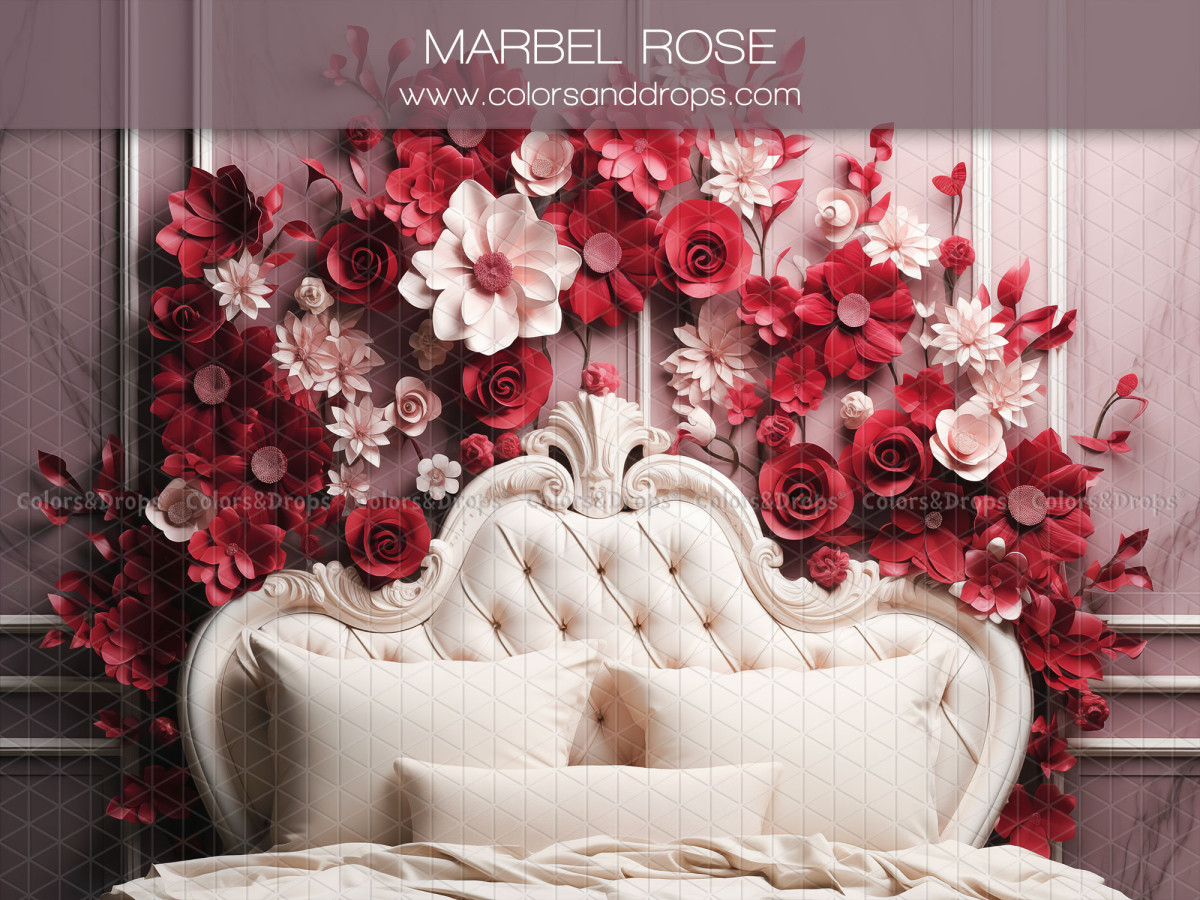 Fond photo Saint-Valentin Marbel Rose – lit capitonné blanc avec mur de fleurs rouges | Colors&Drops