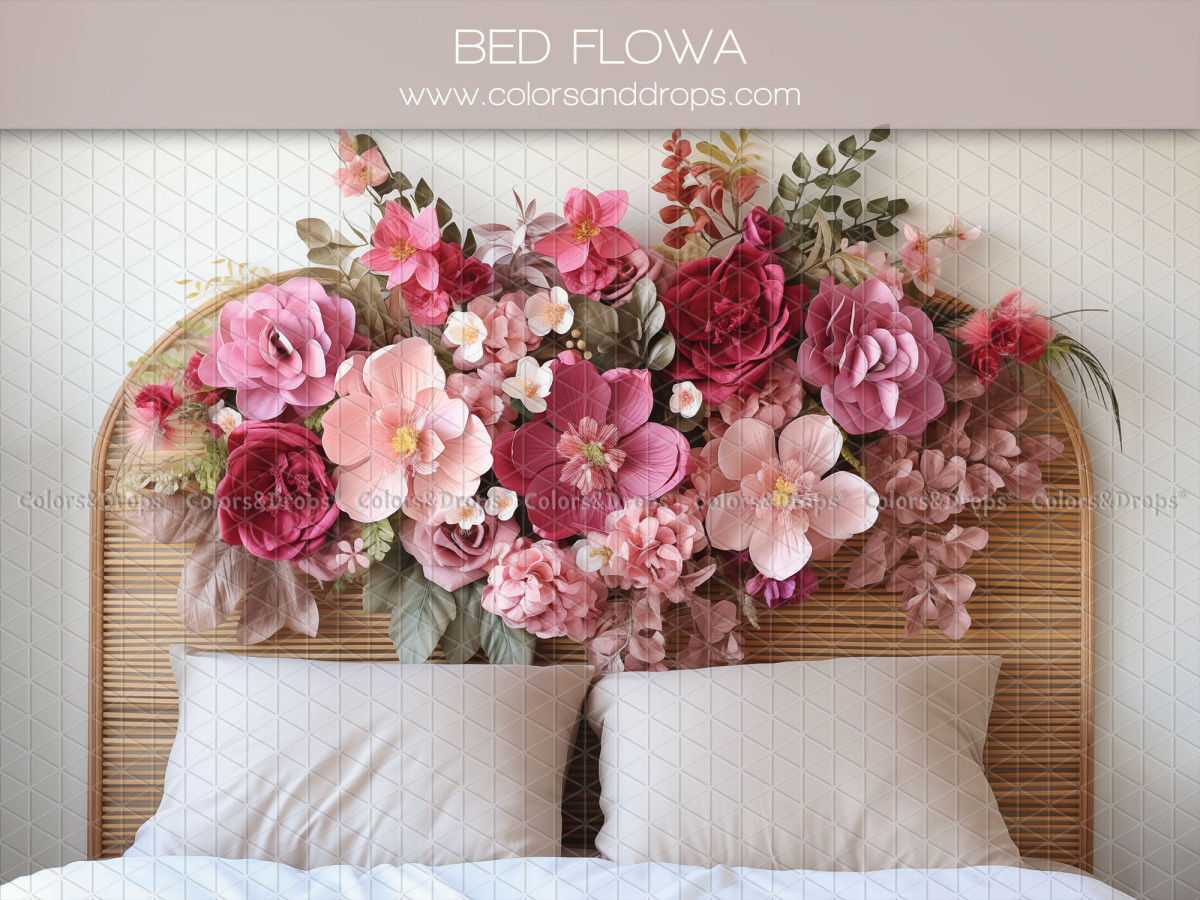 Fond photo Saint-Valentin Bed Flowa – lit avec tête de lit en rotin et fleurs roses | Colors&Drops