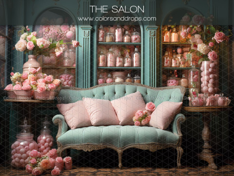 Fond photo Saint-Valentin The Salon – salon vert d'eau avec canapé et bonbonnières roses | Colors&Drops