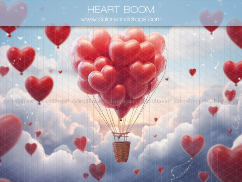 Fondo fotográfico de San Valentín Heart Boom – globo aerostático de corazones rojos entre nubes | Colors&Drops