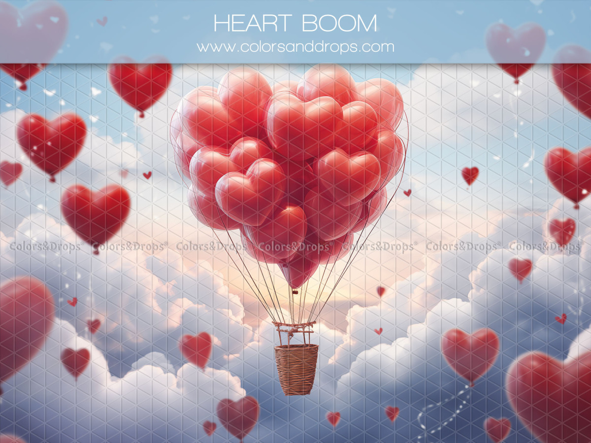 Fond photo Saint-Valentin Heart Boom – montgolfière en cœurs rouges dans les nuages | Colors&Drops