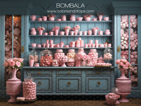 Fond photo Saint-Valentin Bombala – boutique de bonbons roses avec buffet bleu | Colors&Drops