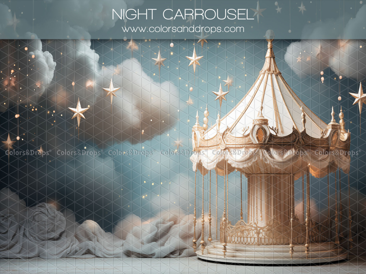 Fond photo bébé et smash cake Night Carrousel – carrousel blanc et doré dans les nuages étoilés | Colors&Drops