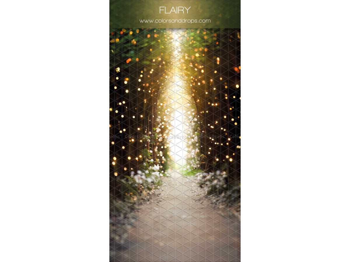 Fondo fotográfico infinito con suelo Flairy – sendero mágico en el bosque con luces doradas | Colors&Drops