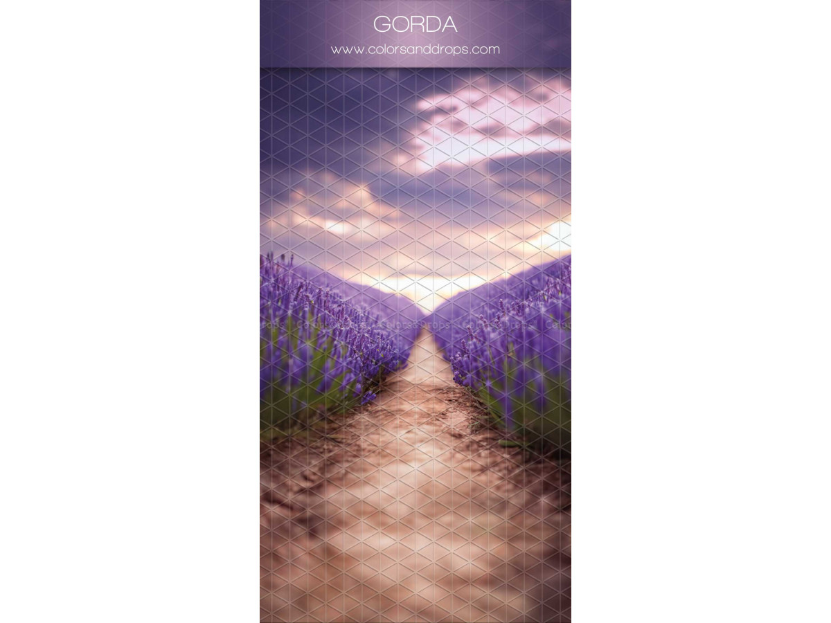 Infinity photo backdrop with floor Gorda – path between lavender fields under cloudy sky | Colors&Drops