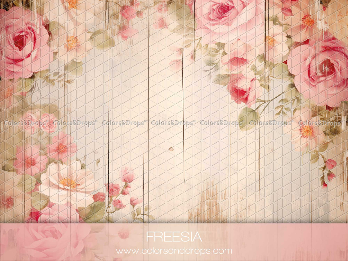 Suelo fotográfico Freesia – madera blanca con borde de rosas rosas pintadas | Colors&Drops