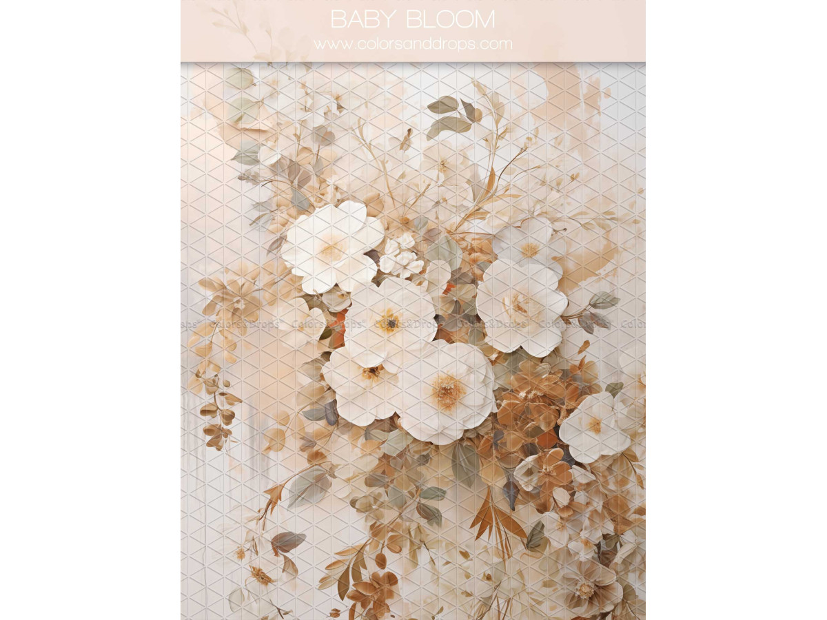 Maternity & portrait photo backdrop Baby Bloom – white flowers and golden foliage on cream background | Colors&Drops