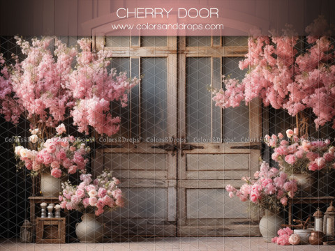 Fond photo Cherry Door – vieilles portes vitrées avec cerisiers roses en pots | Colors&Drops